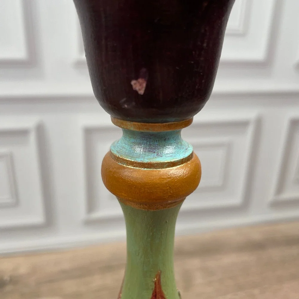 Wood Candlestick Holders Gold Leaf Green Brown Blue Artisan Handcrafted Set of 2